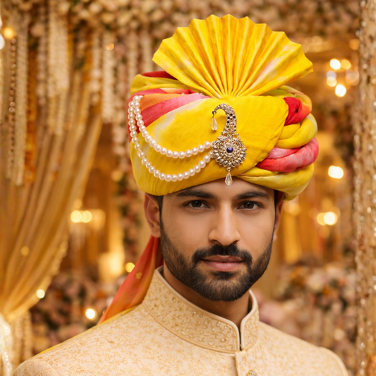 Royal Pleated Ready-to-Wear Safa with Pearl Chain & Kalgi - Yellow