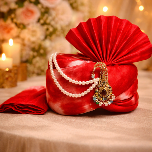 Royal Pleated Ready-to-Wear Turban with Pearl Chain & Kalgi- Red