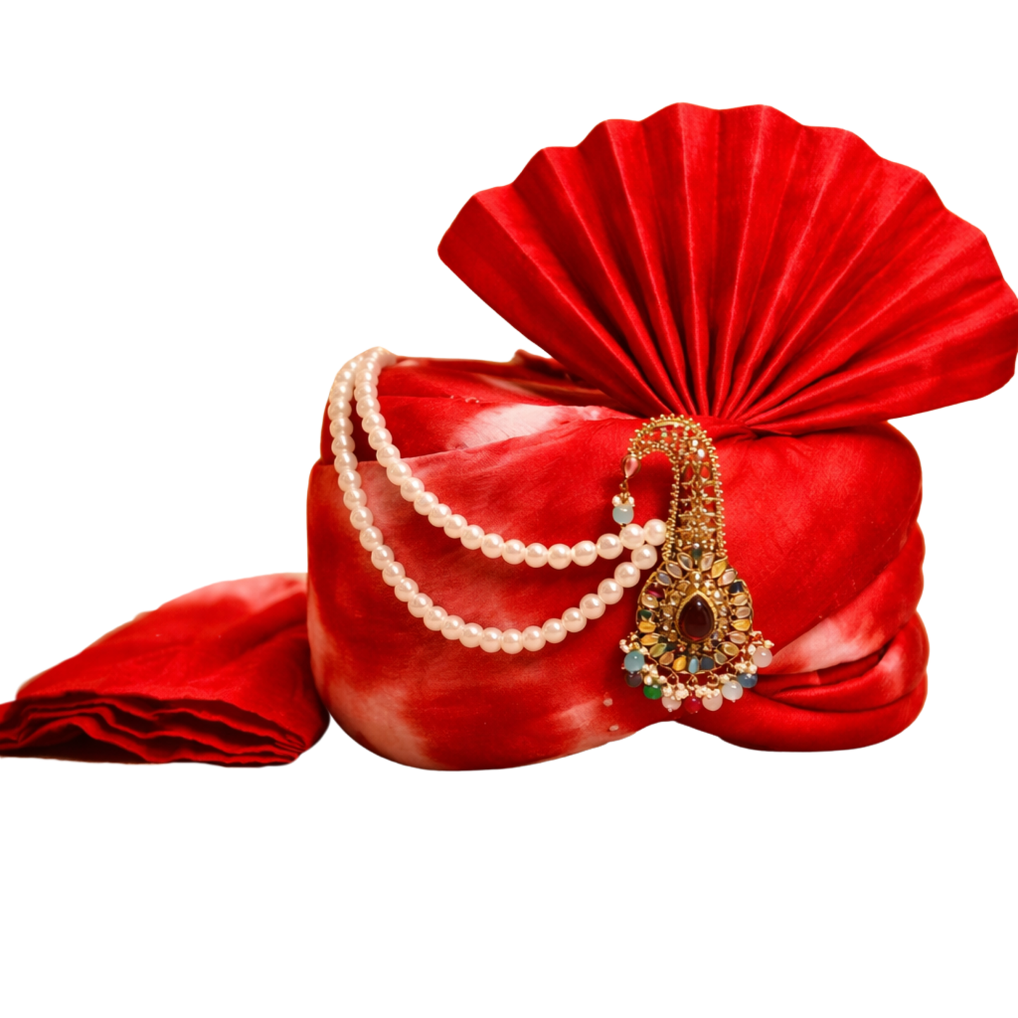 Royal Pleated Ready-to-Wear Turban with Pearl Chain & Kalgi- Red