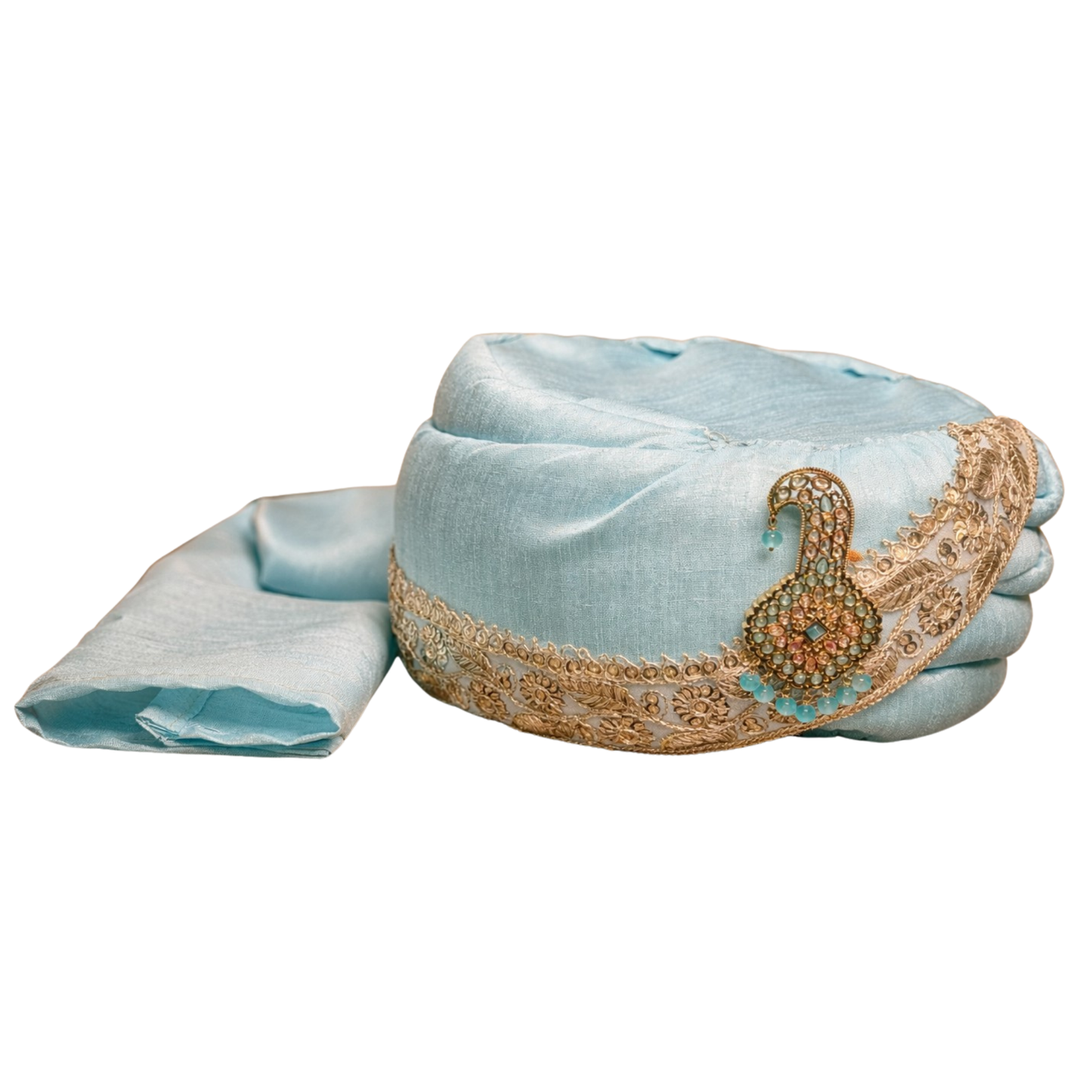 Royal Pleated Ready-to-Wear Safa with Pearl Chain & Kalgi - Sky Blue