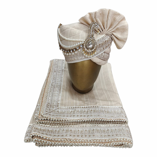 CHARKHI Men’s Wedding Safa with Dupatta | Ethnic Turban/Pagri for Groom | Royal Maharaja Pagdi with Sherwani Stole for Wedding, Baraat (Beige - SB)