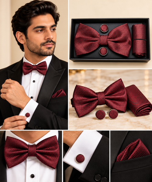 A men's formal accessory set in deep burgundy with a subtle micro-dot pattern, shown on a model in a black tuxedo and also as a boxed set and flat lay. The set includes a bow tie, matching pocket square, cufflinks, and a rolled shirt cuff.
