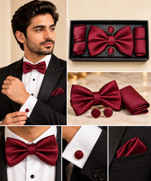 A men's formal accessory set in deep burgundy with a subtle micro-dot pattern, shown on a model in a black tuxedo and also as a boxed set and flat lay. The set includes a bow tie, matching pocket square, cufflinks, and a rolled shirt cuff.