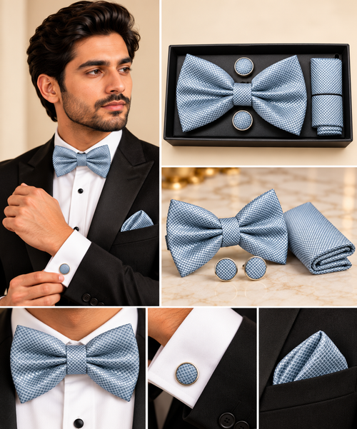 A men's formal accessory set shown on a model and in close-up product views: a light blue patterned bow tie, matching pocket square, and round cufflinks, all coordinated with a black tuxedo jacket and white dress shirt.