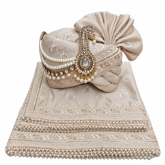 CHARKHI Men’s Wedding Safa with Dupatta | Ethnic Turban/Pagri for Groom | Royal Maharaja Pagdi with Sherwani Stole for Wedding, Baraat (Ivory)