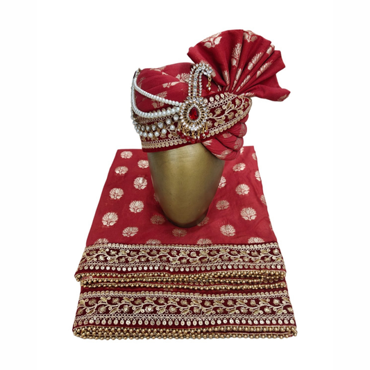 CHARKHI Men’s Wedding Safa with Dupatta | Ethnic Turban/Pagri for Groom | Royal Maharaja Pagdi with Sherwani Stole for Wedding, Baraat (Maroon)