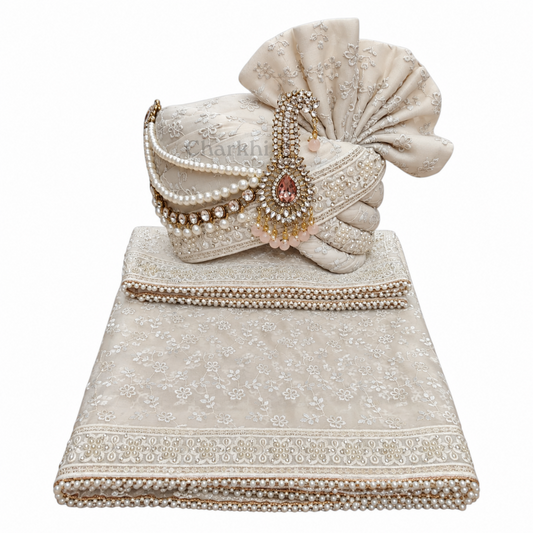 CHARKHI Men’s Wedding Safa with Dupatta | Ethnic Turban/Pagri for Groom | Royal Maharaja Pagdi with Sherwani Stole for Wedding, Baraat (Off White - SB)