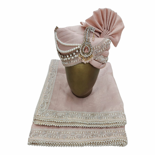 CHARKHI Men’s Wedding Safa with Dupatta | Ethnic Turban/Pagri for Groom | Royal Maharaja Pagdi with Sherwani Stole for Wedding, Baraat (Oniyan Pink - SB)