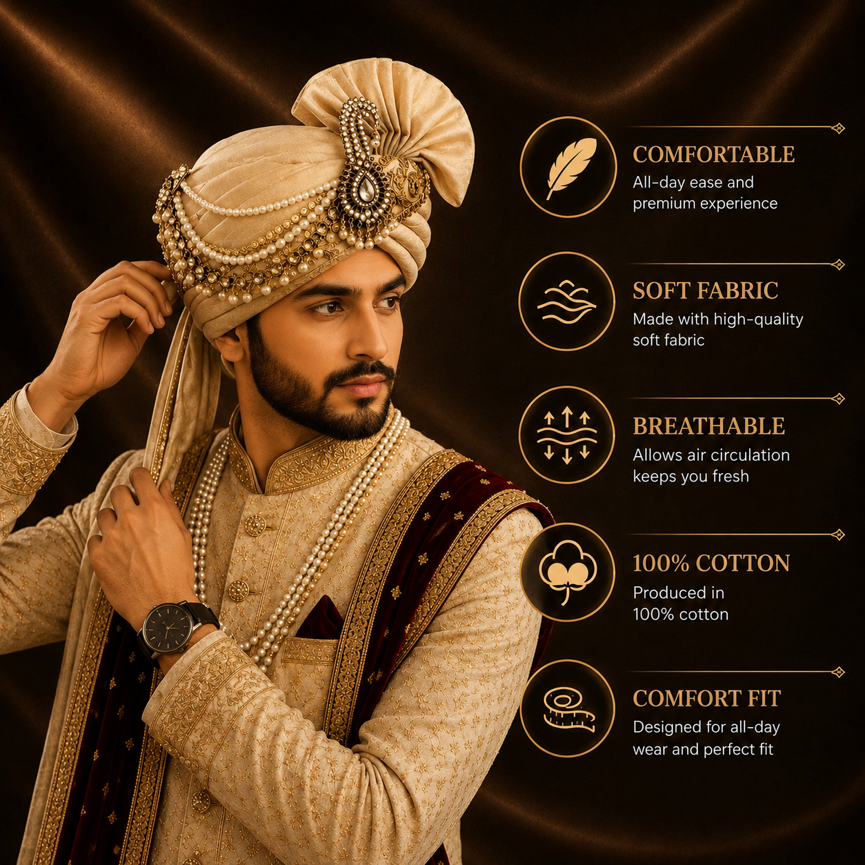 CHARKHI Men’s Wedding Safa with Dupatta | Ethnic Turban/Pagri for Groom | Royal Maharaja Pagdi with Sherwani Stole for Wedding, Baraat (Pastel Pink)