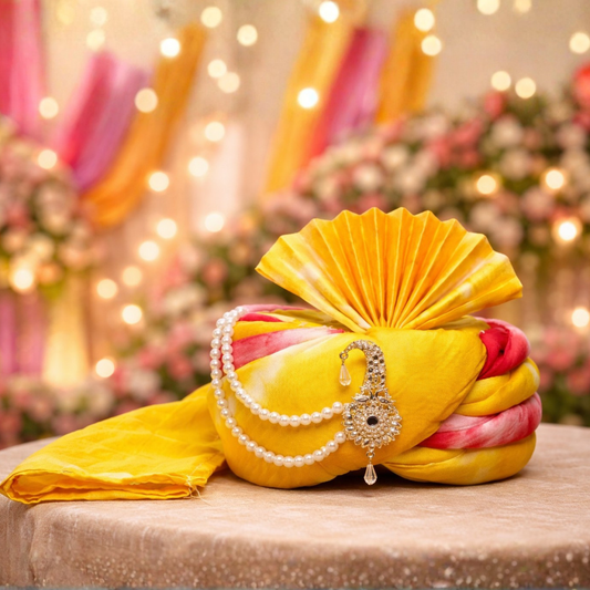 Royal Pleated Ready-to-Wear Safa with Pearl Chain & Kalgi - Yellow