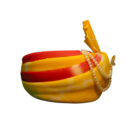 Royal Pleated Ready-to-Wear Safa with Pearl Chain & Kalgi - Yellow