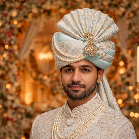 Royal Pleated Ready-to-Wear Safa with Pearl Chain & Kalgi