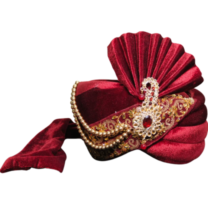 Royal Pleated Ready-to-Wear Safa with Pearl Chain & Kalgi-Maroon