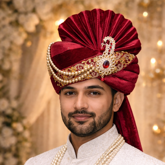 Royal Pleated Ready-to-Wear Safa with Pearl Chain & Kalgi-Maroon