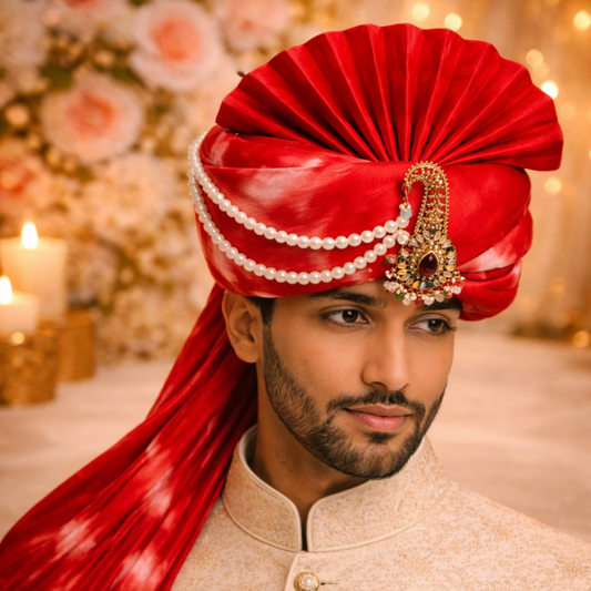 Royal Pleated Ready-to-Wear Turban with Pearl Chain & Kalgi- Red