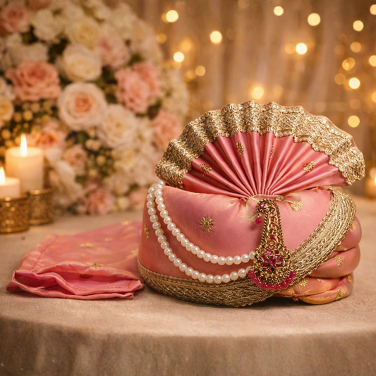 Royal Pleated Ready-to-Wear Safa with Pearl Chain & Kalgi- Pink
