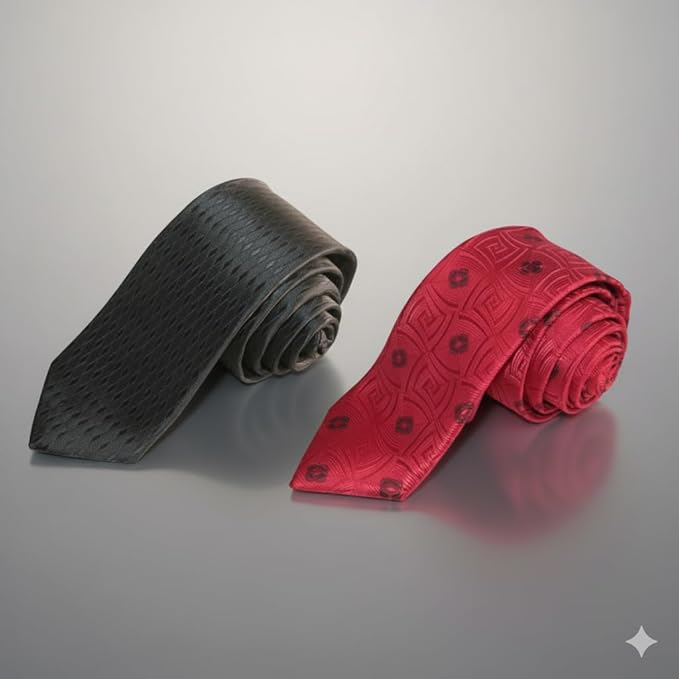 Men’s Designer Tie Set – Red & Black Patterned Neckties for Wedding, Party & Office | Premium Silk Finish Tie Combo