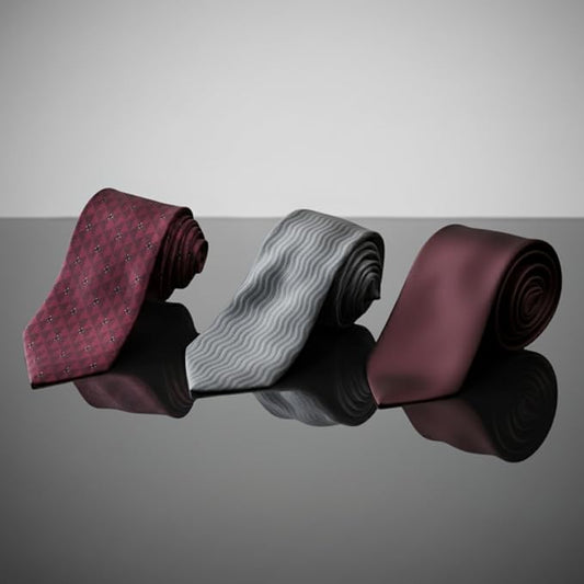 Men’s 3 Tie Combo Set – Maroon, Grey & Burgundy Designer Ties | Premium Silk Finish Neckties for Office, Wedding Formal Tie Gift Set for Men
