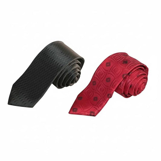 Men’s Designer Tie Set – Red & Black Patterned Neckties for Wedding, Party & Office | Premium Silk Finish Tie Combo