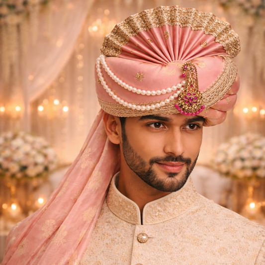 Royal Pleated Ready-to-Wear Safa with Pearl Chain & Kalgi- Pink