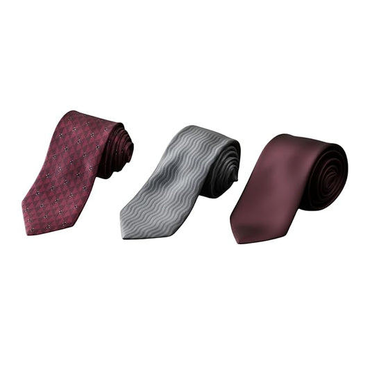 Men’s 3 Tie Combo Set – Maroon, Grey & Burgundy Designer Ties | Premium Silk Finish Neckties for Office, Wedding Formal Tie Gift Set for Men