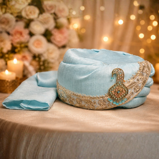 Royal Pleated Ready-to-Wear Safa with Pearl Chain & Kalgi - Sky Blue