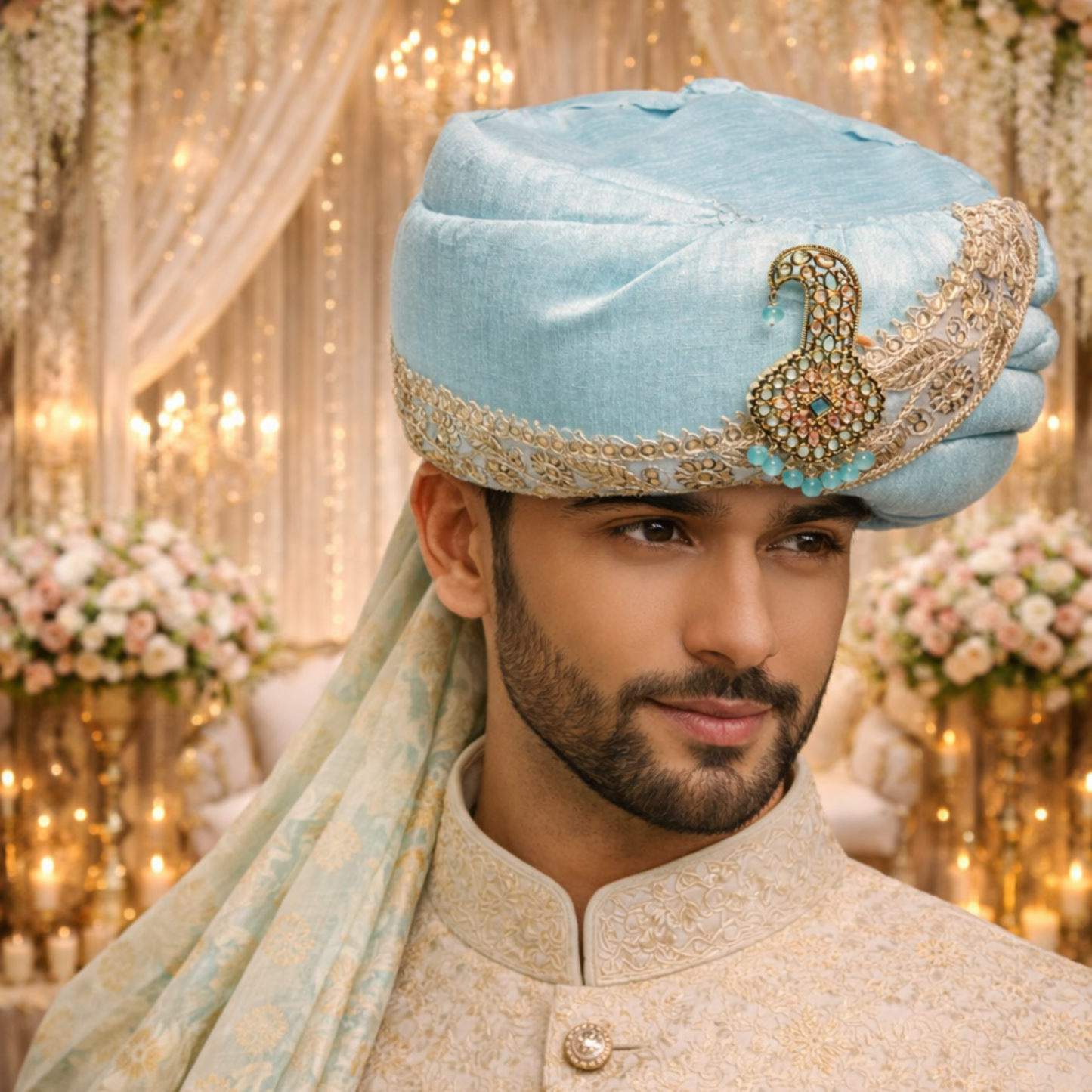 Royal Pleated Ready-to-Wear Safa with Pearl Chain & Kalgi - Sky Blue