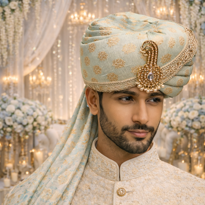 Royal Pleated Ready-to-Wear Safa with Pearl Chain & Kalgi