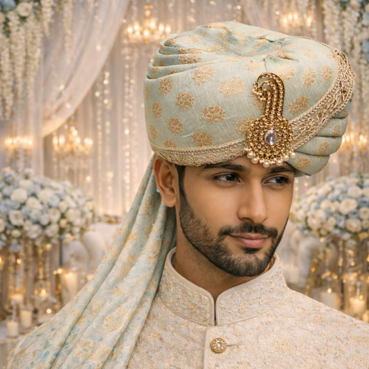 Royal Pleated Ready-to-Wear Safa with Pearl Chain & Kalgi