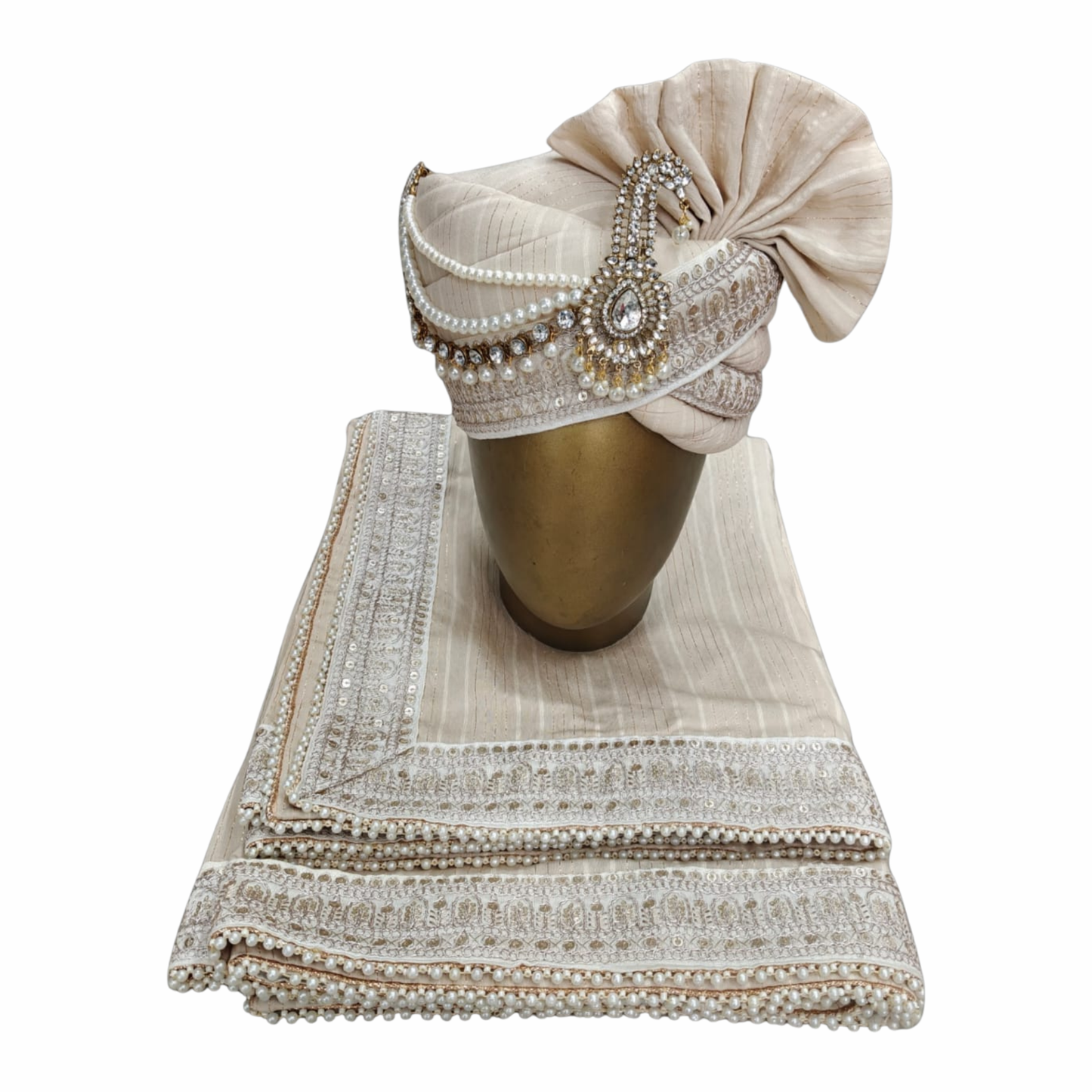 CHARKHI Men’s Wedding Safa with Dupatta | Ethnic Turban/Pagri for Groom | Royal Maharaja Pagdi with Sherwani Stole for Wedding, Baraat (Beige - SB)