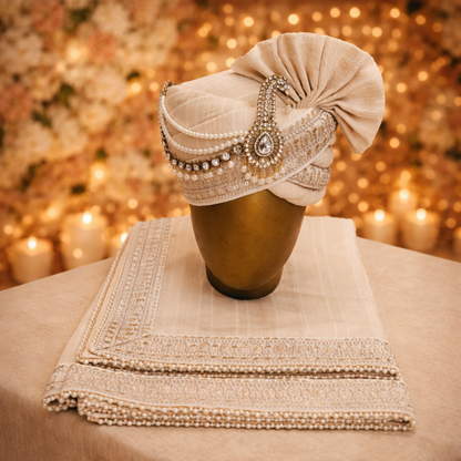 CHARKHI Men’s Wedding Safa with Dupatta | Ethnic Turban/Pagri for Groom | Royal Maharaja Pagdi with Sherwani Stole for Wedding, Baraat (Beige - SB)