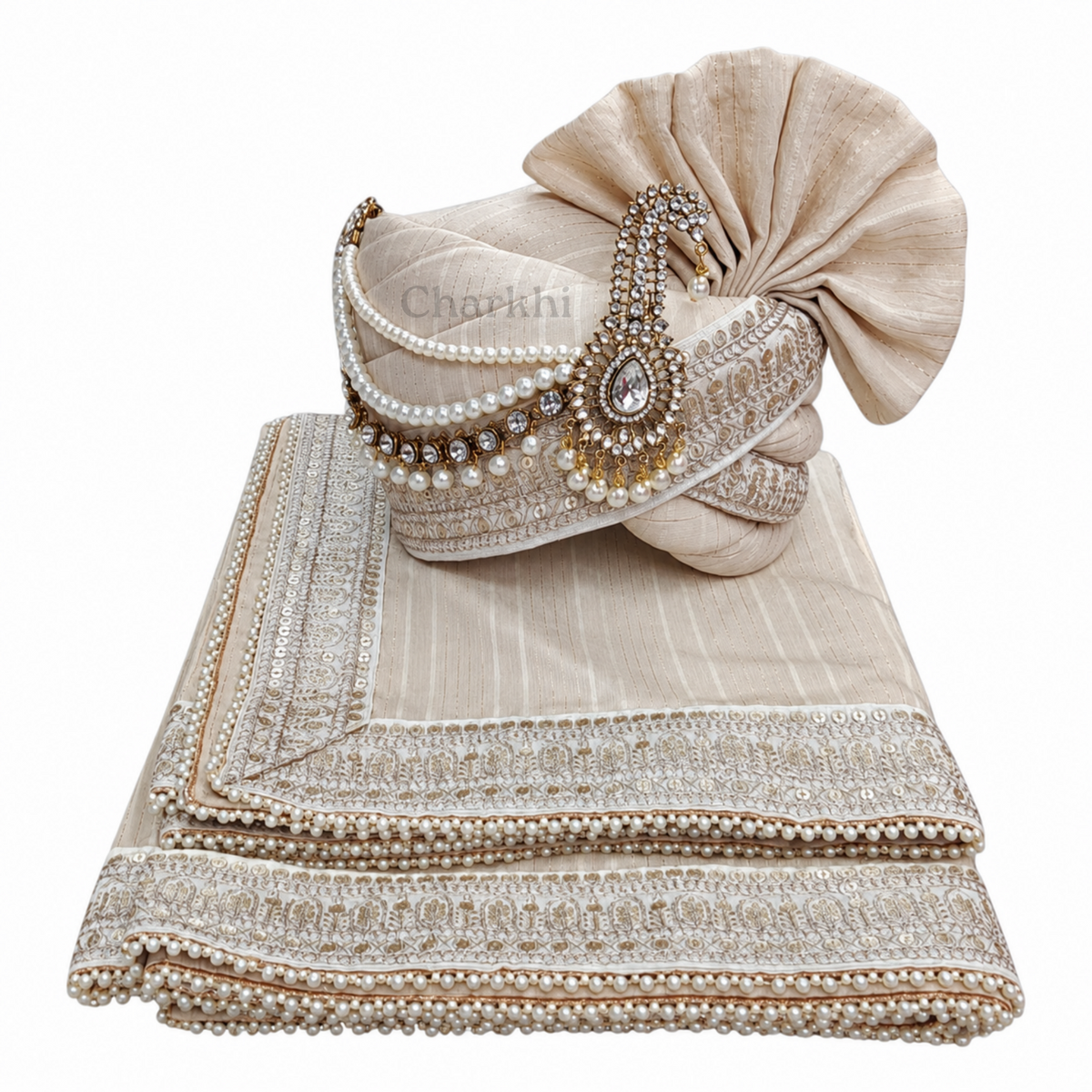 CHARKHI Men’s Wedding Safa with Dupatta | Ethnic Turban/Pagri for Groom | Royal Maharaja Pagdi with Sherwani Stole for Wedding, Baraat (Beige - SB)