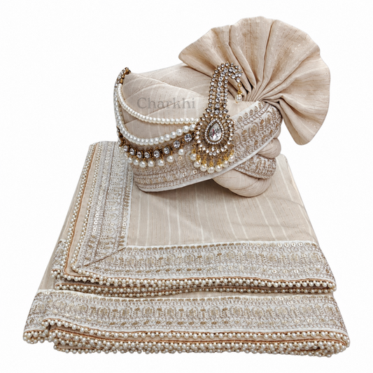 CHARKHI Men’s Wedding Safa with Dupatta | Ethnic Turban/Pagri for Groom | Royal Maharaja Pagdi with Sherwani Stole for Wedding, Baraat (Beige - SB)