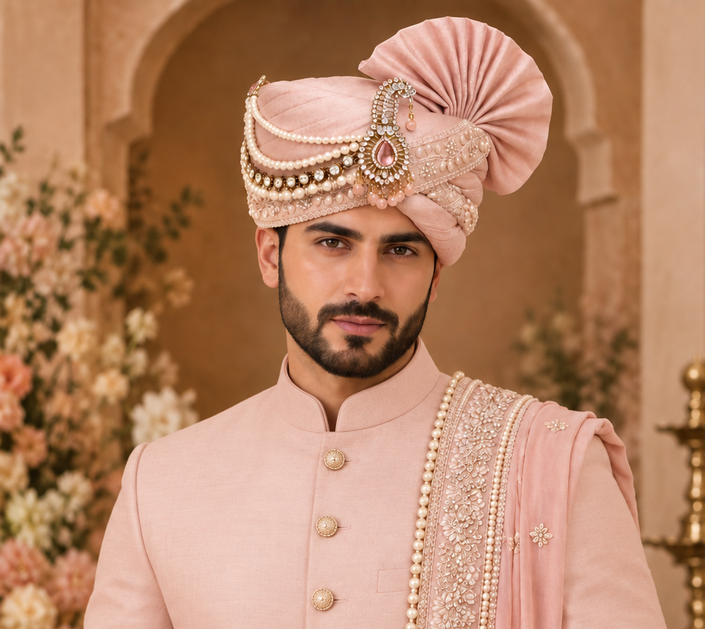 A man wearing a light pink traditional Indian sherwani and matching turban with ornate gold and pearl embellishments, posed against a warm, arched architectural background with floral decorations.