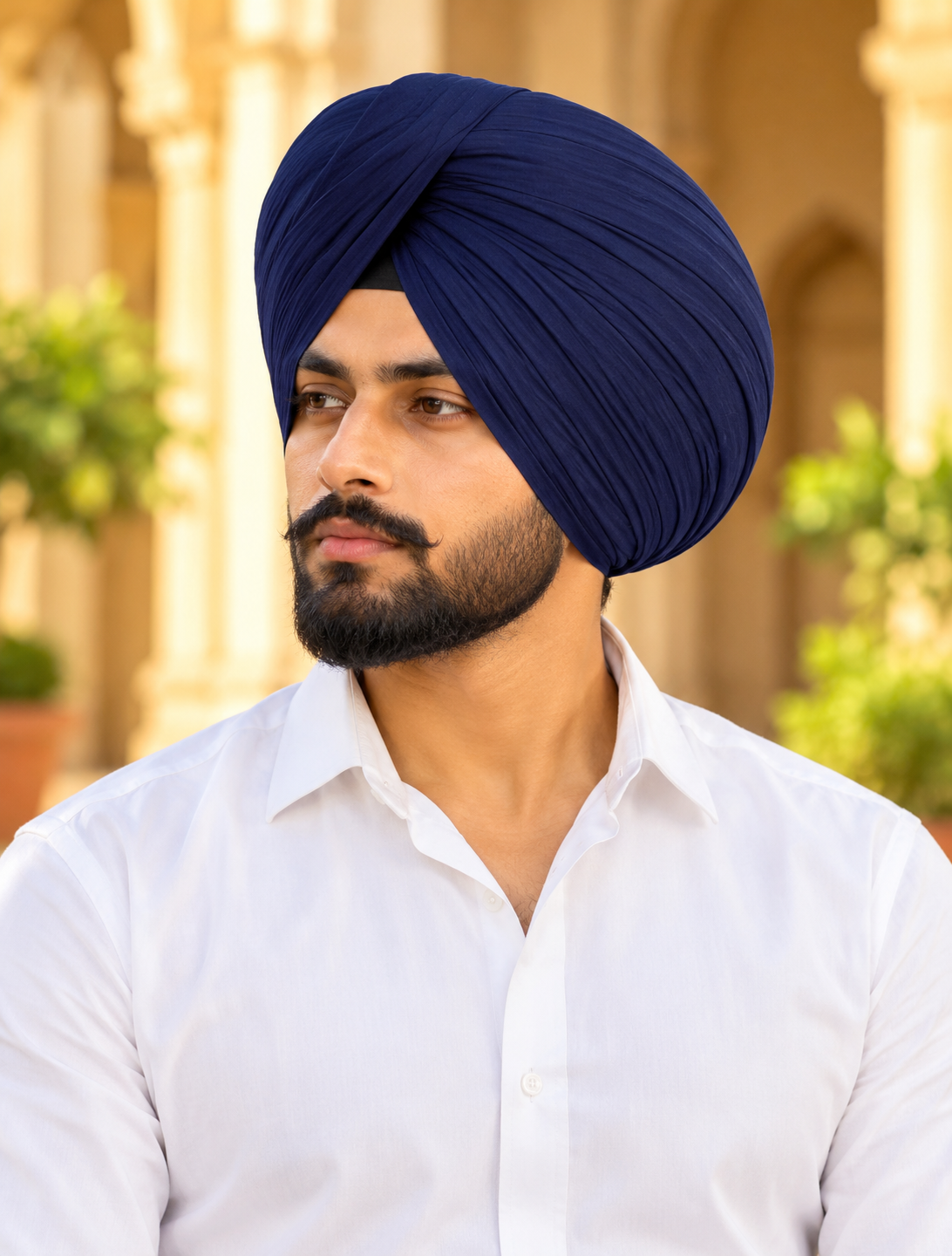 A man wearing a dark navy blue pleated turban and a white button-down shirt, photographed from the chest up against a softly blurred beige architectural background with green plants.