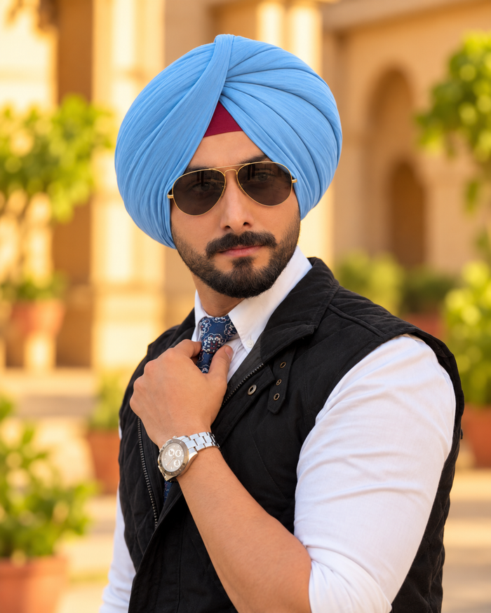 CHARKHI Full Voile Punjabi Turban – Aqua Blue | Pagri for Men
