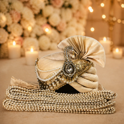 CHARKHI Men’s Wedding Safa with Dupatta | Ethnic Turban/Pagri for Groom | Royal Maharaja Pagdi with Sherwani Stole for Wedding, Baraat (Gold)