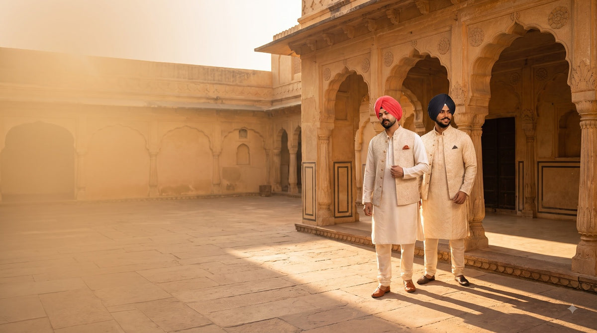 Two men in traditional Indian attire standing in a sunlit sandstone courtyard with arched alcoves. One wears a red turban and cream outfit, and the other wears a dark blue turban and cream outfit.