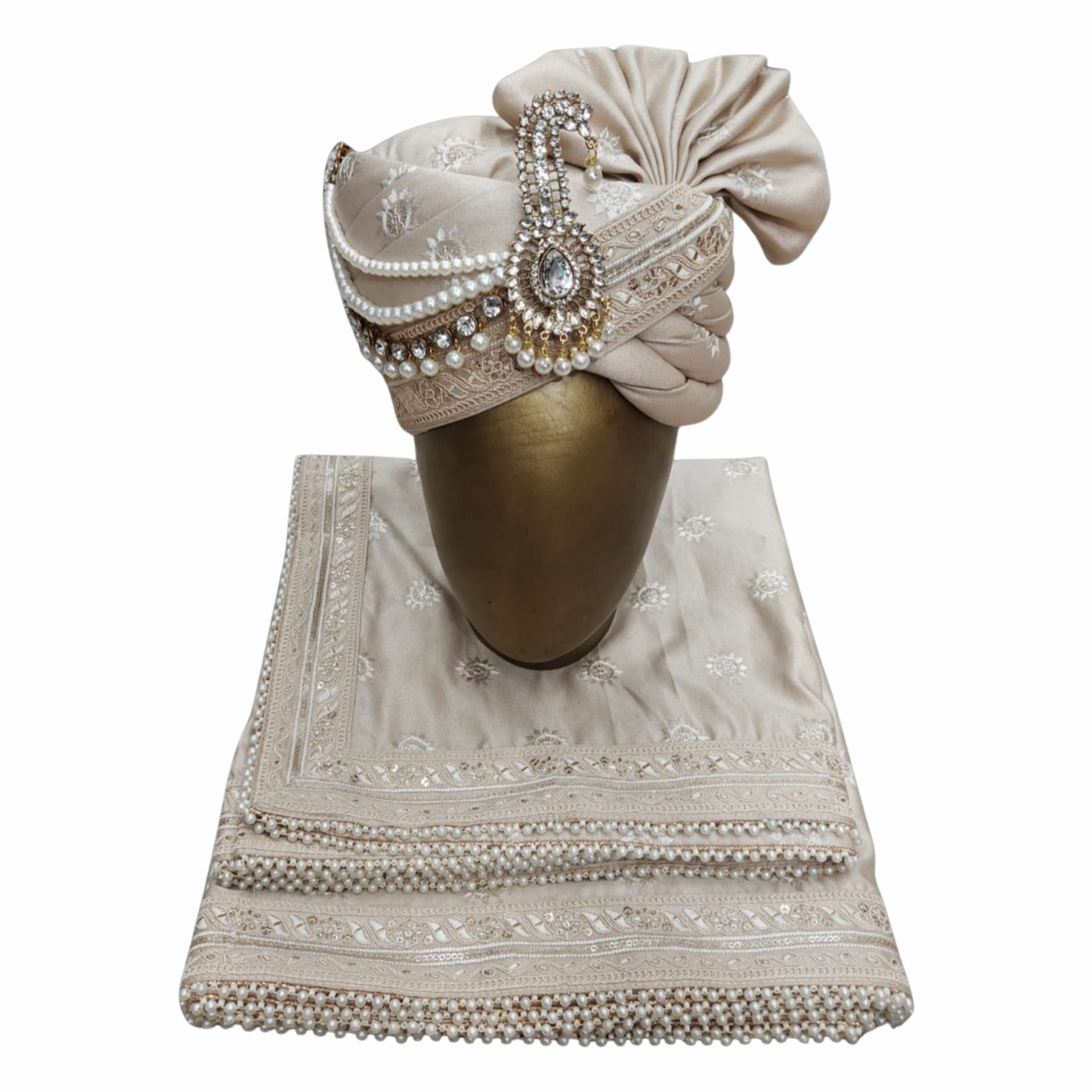 CHARKHI Men’s Wedding Safa with Dupatta | Ethnic Turban/Pagri for Groom | Royal Maharaja Pagdi with Sherwani Stole for Wedding, Baraat (Ivory)
