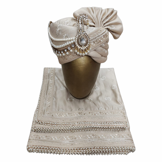 CHARKHI Men’s Wedding Safa with Dupatta | Ethnic Turban/Pagri for Groom | Royal Maharaja Pagdi with Sherwani Stole for Wedding, Baraat (Ivory)