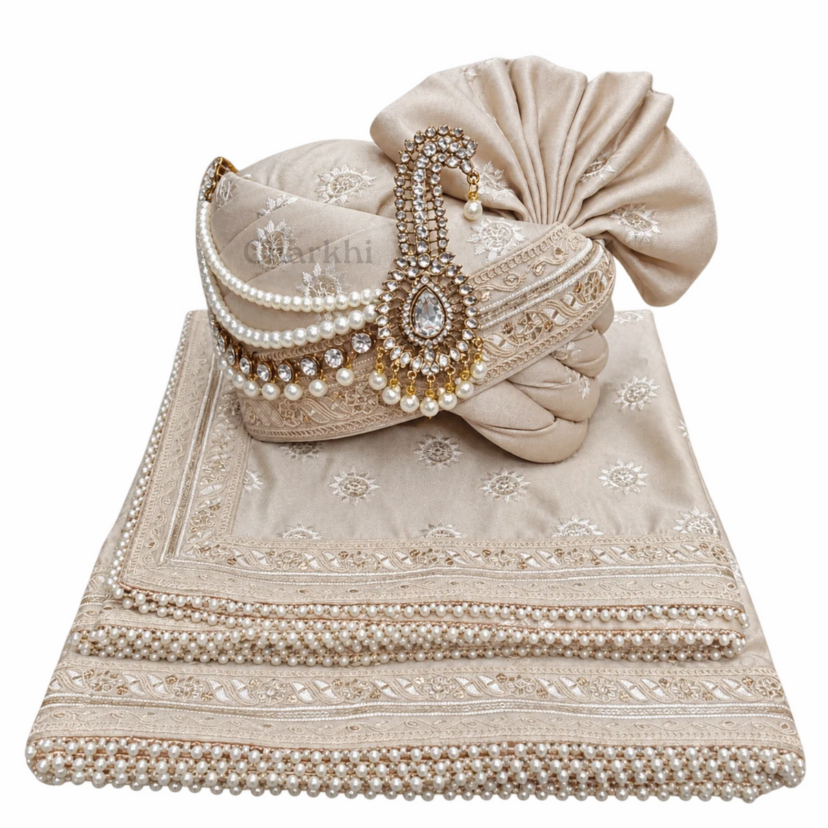 CHARKHI Men’s Wedding Safa with Dupatta | Ethnic Turban/Pagri for Groom | Royal Maharaja Pagdi with Sherwani Stole for Wedding, Baraat (Ivory)