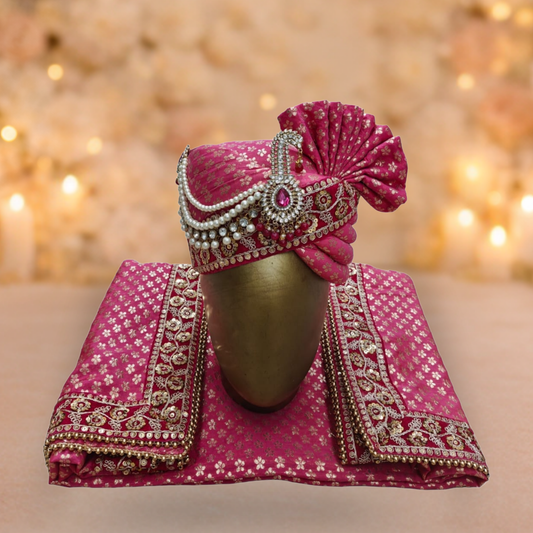 CHARKHI Men’s Wedding Safa with Dupatta | Ethnic Turban/Pagri for Groom | Royal Maharaja Pagdi with Sherwani Stole for Wedding, Baraat (Magenta)