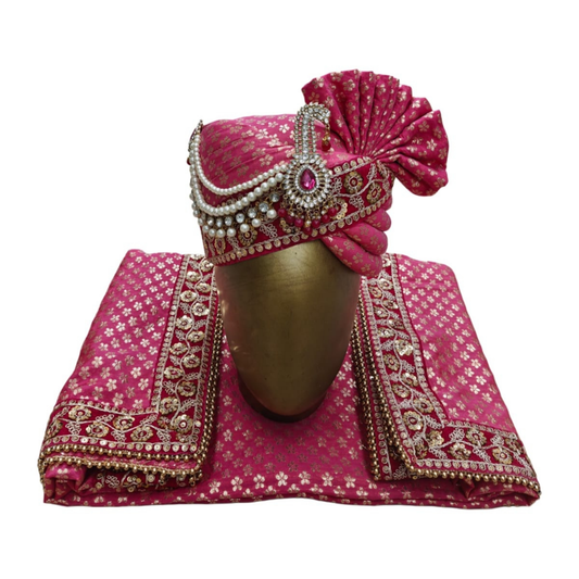 CHARKHI Men’s Wedding Safa with Dupatta | Ethnic Turban/Pagri for Groom | Royal Maharaja Pagdi with Sherwani Stole for Wedding, Baraat (Magenta)