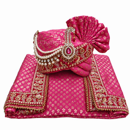 CHARKHI Men’s Wedding Safa with Dupatta | Ethnic Turban/Pagri for Groom | Royal Maharaja Pagdi with Sherwani Stole for Wedding, Baraat (Magenta)