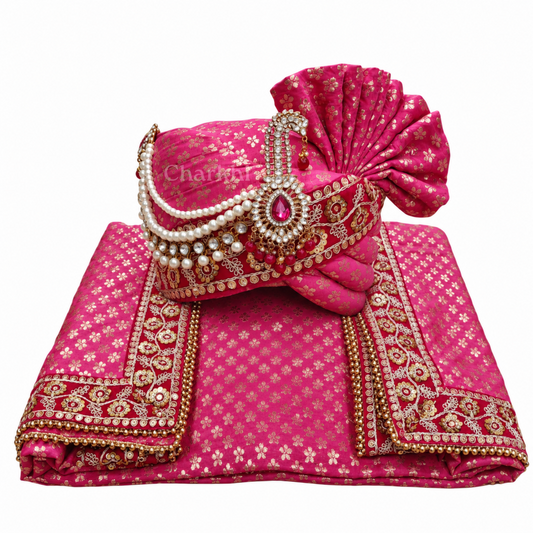CHARKHI Men’s Wedding Safa with Dupatta | Ethnic Turban/Pagri for Groom | Royal Maharaja Pagdi with Sherwani Stole for Wedding, Baraat (Magenta)