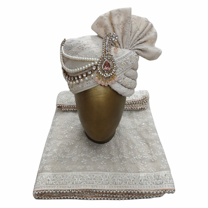 CHARKHI Men’s Wedding Safa with Dupatta | Ethnic Turban/Pagri for Groom | Royal Maharaja Pagdi with Sherwani Stole for Wedding, Baraat (Off White - SB)