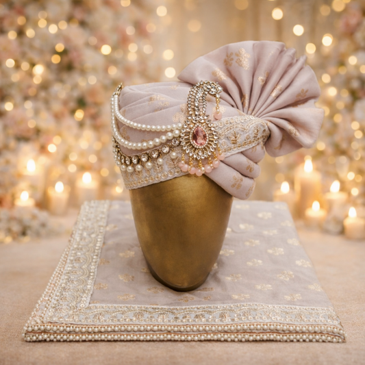 CHARKHI Men’s Wedding Safa with Dupatta | Ethnic Turban/Pagri for Groom | Royal Maharaja Pagdi with Sherwani Stole for Wedding, Baraat (Pastel Pink- SB)