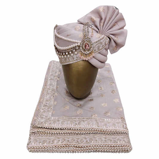 CHARKHI Men’s Wedding Safa with Dupatta | Ethnic Turban/Pagri for Groom | Royal Maharaja Pagdi with Sherwani Stole for Wedding, Baraat (Pastel Pink- SB)