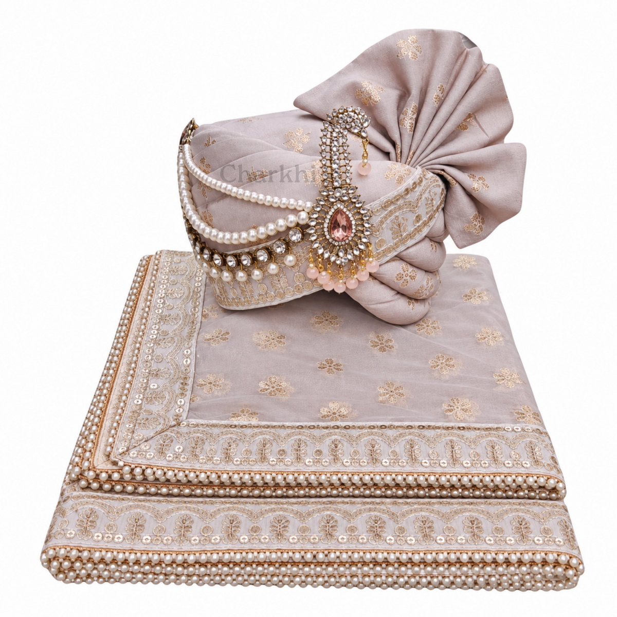 CHARKHI Men’s Wedding Safa with Dupatta | Ethnic Turban/Pagri for Groom | Royal Maharaja Pagdi with Sherwani Stole for Wedding, Baraat (Pastel Pink- SB)