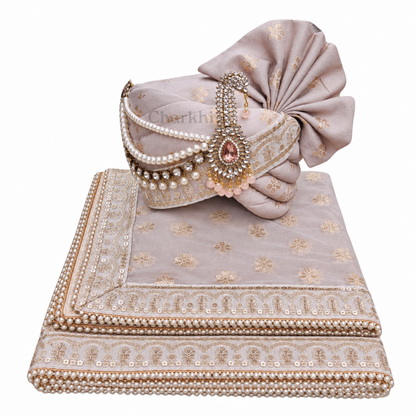 CHARKHI Men’s Wedding Safa with Dupatta | Ethnic Turban/Pagri for Groom | Royal Maharaja Pagdi with Sherwani Stole for Wedding, Baraat (Pastel Pink- SB)